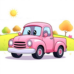 A charming pink pickup truck illustrated in a colorful cartoon style