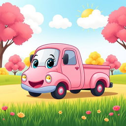 A charming pink pickup truck illustrated in a colorful cartoon style