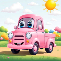 A charming pink pickup truck illustrated in a colorful cartoon style