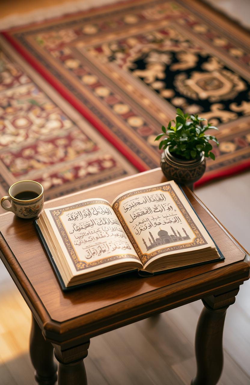 An Islamic book elegantly displayed on a beautiful wooden table