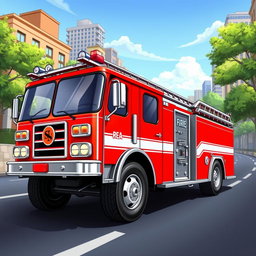 A bright red fire truck depicted in a dynamic scene, driving down a city road