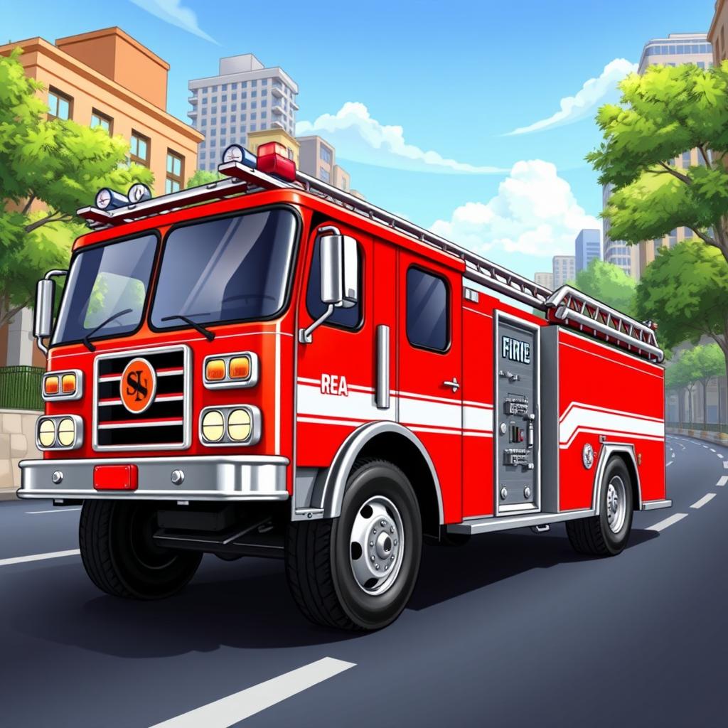 A bright red fire truck depicted in a dynamic scene, driving down a city road
