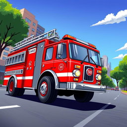A bright red fire truck depicted in a dynamic scene, driving down a city road