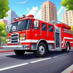 A bright red fire truck depicted in a dynamic scene, driving down a city road