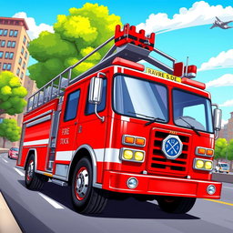 A bright red fire truck depicted in a dynamic scene, driving down a city road