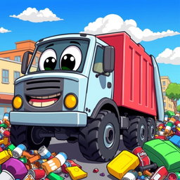 A cartoon-style trash truck, featuring exaggerated proportions and vibrant colors