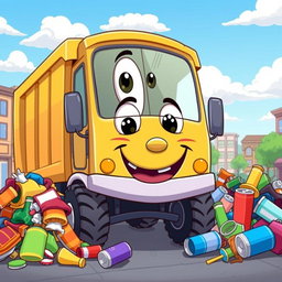 A cartoon-style trash truck, featuring exaggerated proportions and vibrant colors