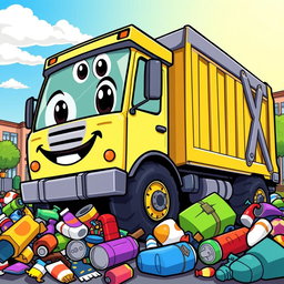 A cartoon-style trash truck, featuring exaggerated proportions and vibrant colors