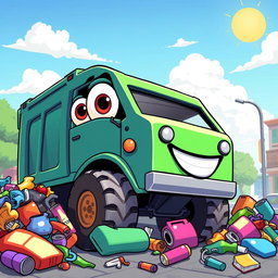 A cartoon-style trash truck, featuring exaggerated proportions and vibrant colors