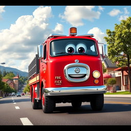 A whimsical red cartoon fire truck driving along a lively road