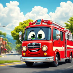 A whimsical red cartoon fire truck driving along a lively road