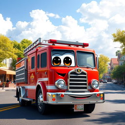 A whimsical red cartoon fire truck driving along a lively road