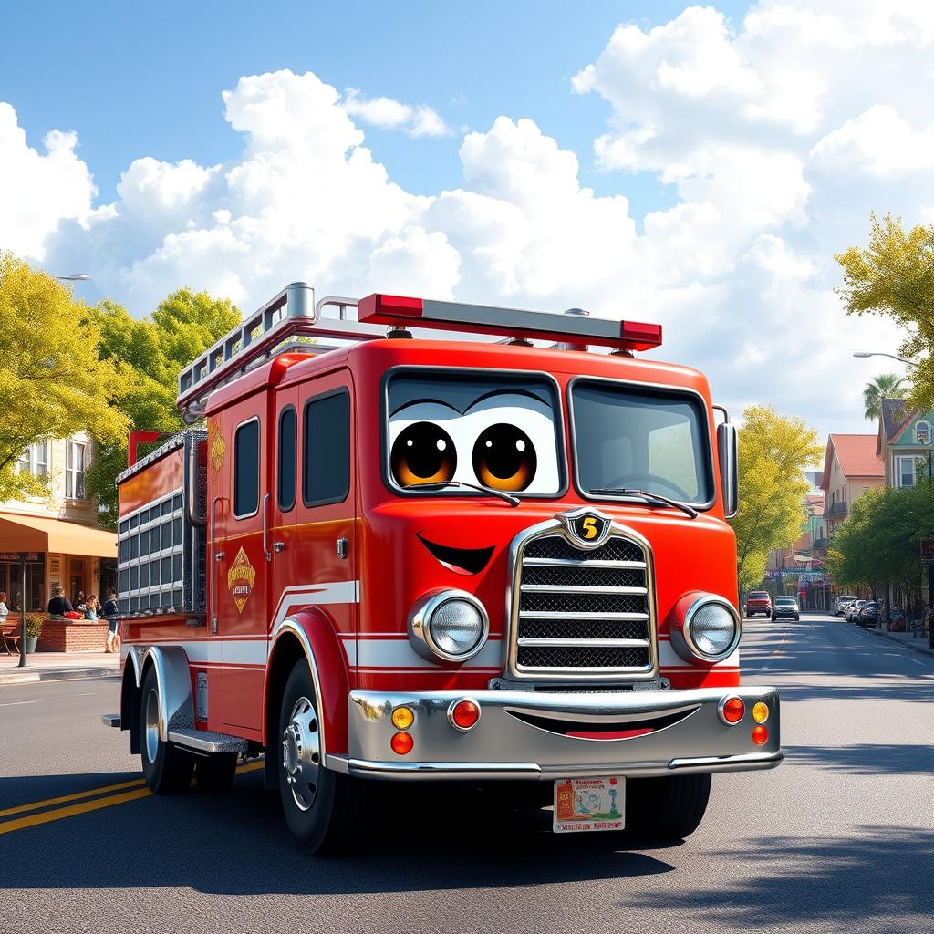 A whimsical red cartoon fire truck driving along a lively road