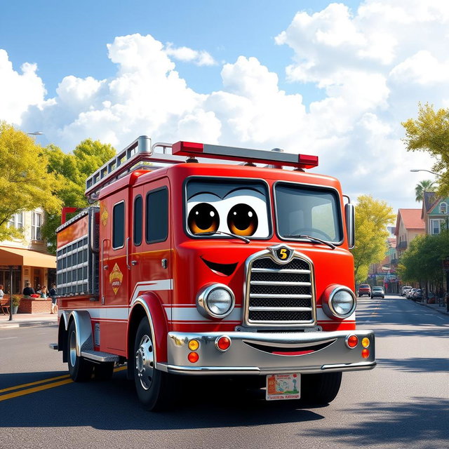 A whimsical red cartoon fire truck driving along a lively road