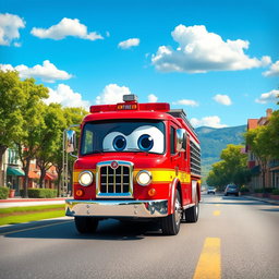 A whimsical red cartoon fire truck driving along a lively road
