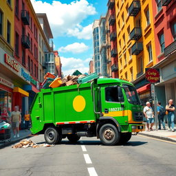 A vibrant and realistic scene of a rubbish truck driving down a busy urban street