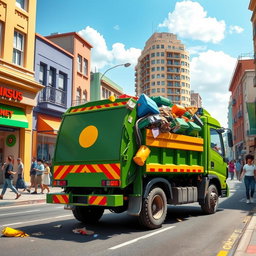 A vibrant and realistic scene of a rubbish truck driving down a busy urban street