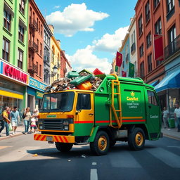 A vibrant and realistic scene of a rubbish truck driving down a busy urban street