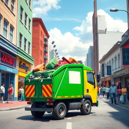 A vibrant and realistic scene of a rubbish truck driving down a busy urban street