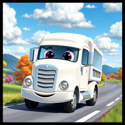 A cheerful white cartoon truck driving along a scenic road