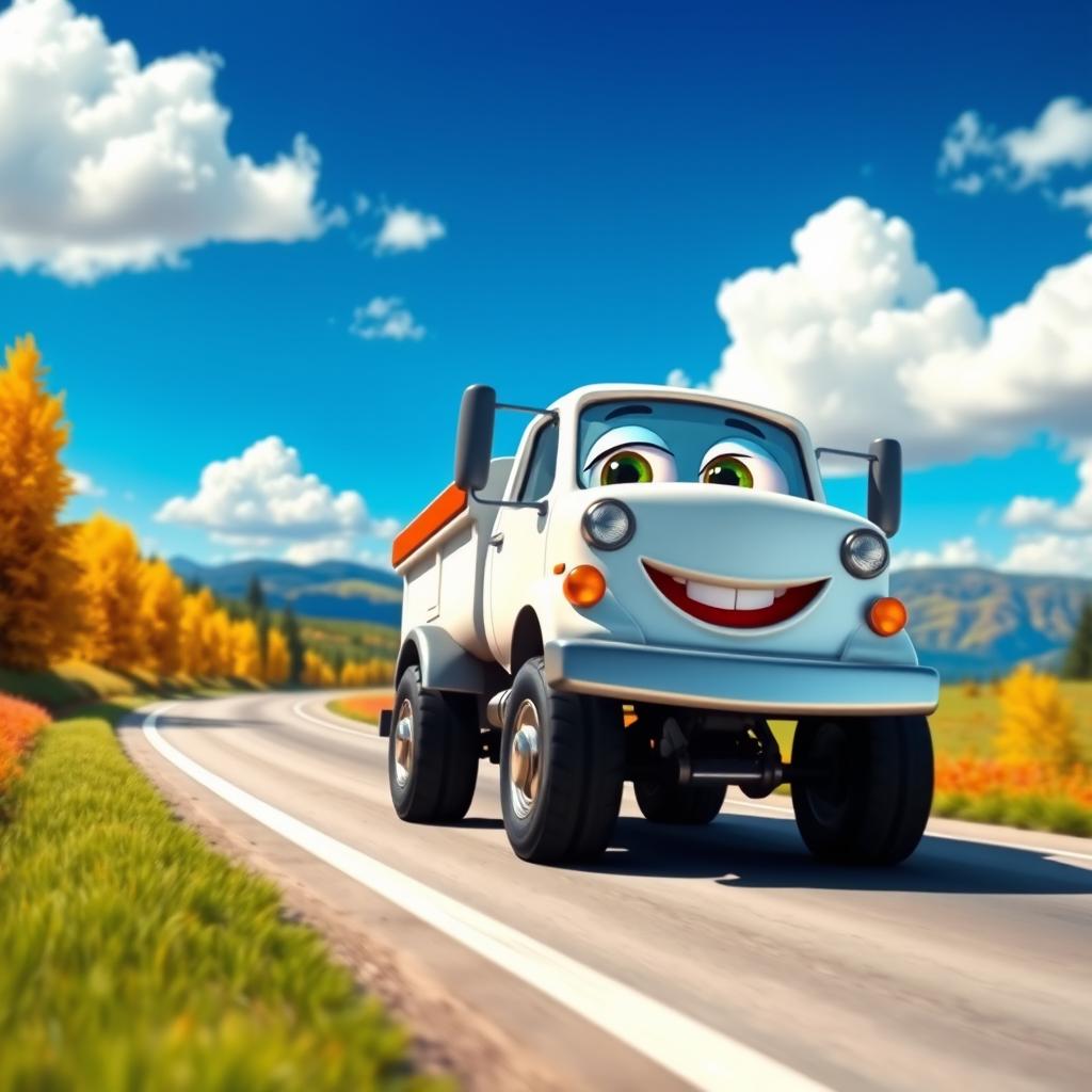 A cheerful white cartoon truck driving along a scenic road