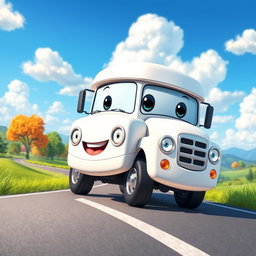 A cheerful white cartoon truck driving along a scenic road