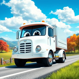 A cheerful white cartoon truck driving along a scenic road