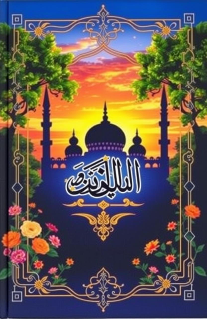 A beautiful and serene Islamic book cover featuring a traditional mosque silhouette against a stunning sunset background, surrounded by lush green trees and colorful flowers