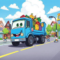A colorful cartoon-style illustration of a blue rubbish truck driving happily down a busy cartoon road