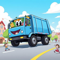 A colorful cartoon-style illustration of a blue rubbish truck driving happily down a busy cartoon road