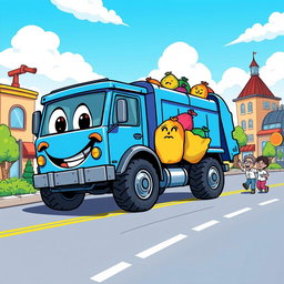 A colorful cartoon-style illustration of a blue rubbish truck driving happily down a busy cartoon road