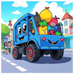 A colorful cartoon-style illustration of a blue rubbish truck driving happily down a busy cartoon road