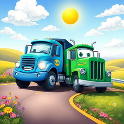 A vibrant scene featuring a blue and green cartoon truck positioned together on a winding road