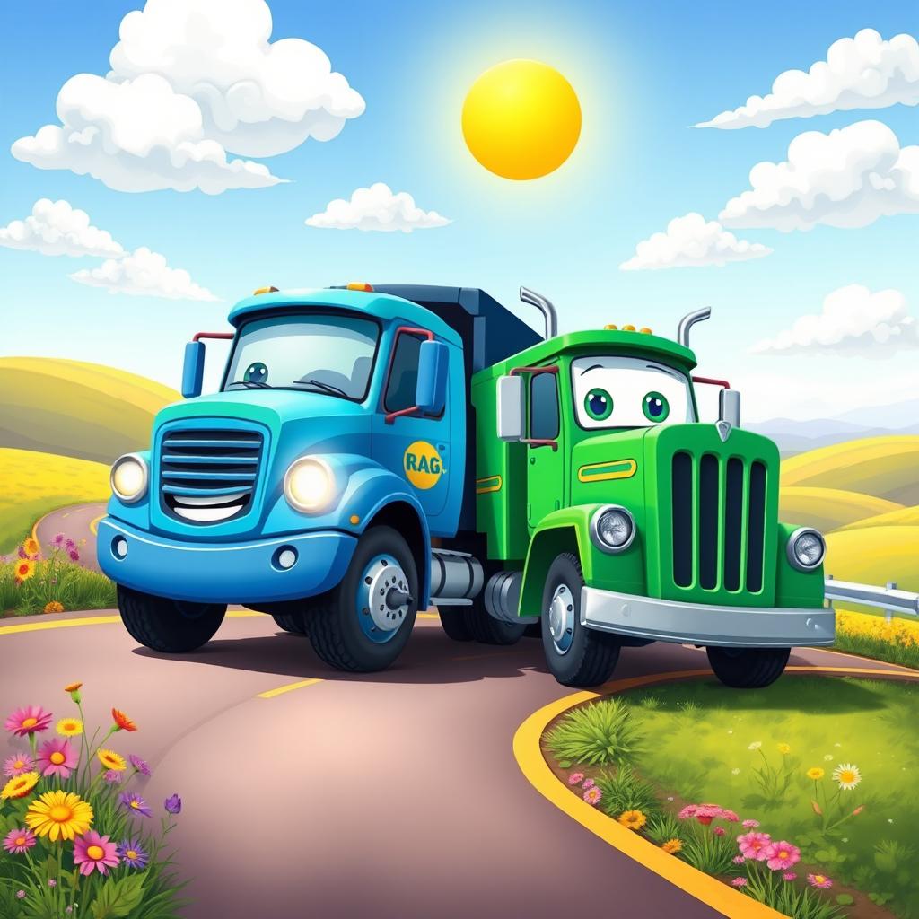 A vibrant scene featuring a blue and green cartoon truck positioned together on a winding road
