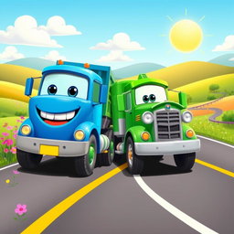 A vibrant scene featuring a blue and green cartoon truck positioned together on a winding road