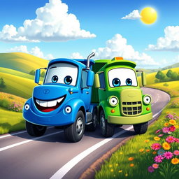 A vibrant scene featuring a blue and green cartoon truck positioned together on a winding road