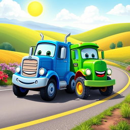 A vibrant scene featuring a blue and green cartoon truck positioned together on a winding road