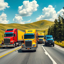 A dynamic scene featuring a fleet of diverse trucks driving along a scenic highway