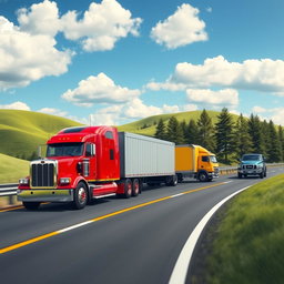 A dynamic scene featuring a fleet of diverse trucks driving along a scenic highway