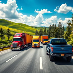 A dynamic scene featuring a fleet of diverse trucks driving along a scenic highway