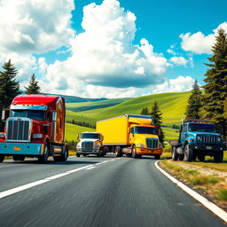 A dynamic scene featuring a fleet of diverse trucks driving along a scenic highway