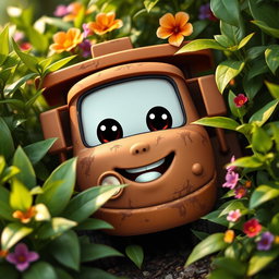 A charming brown cartoon truck partially hidden in a lush green bush