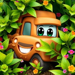 A charming brown cartoon truck partially hidden in a lush green bush