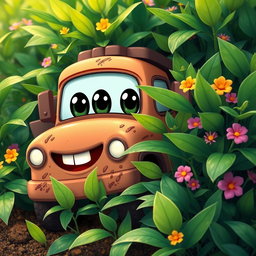 A charming brown cartoon truck partially hidden in a lush green bush