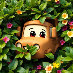 A charming brown cartoon truck partially hidden in a lush green bush