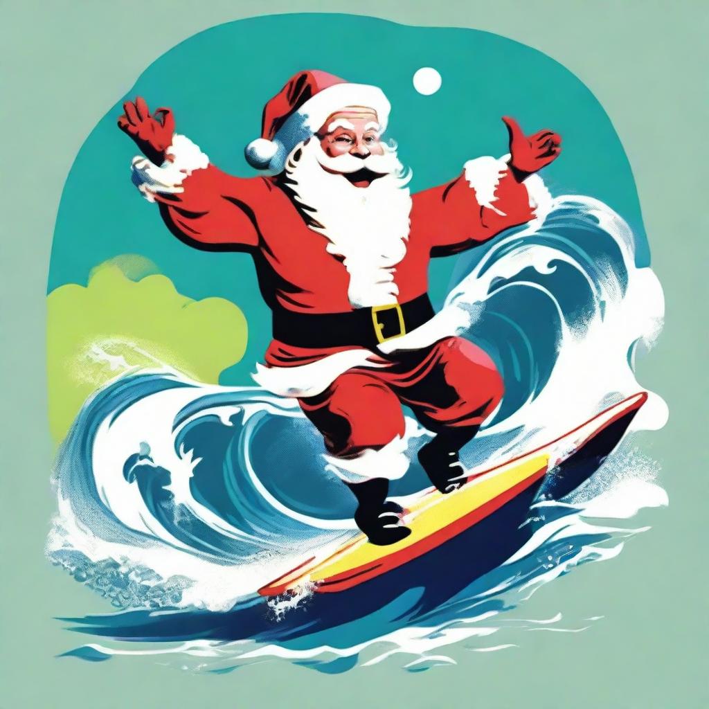 A playful, cartoon-style Santa Claus surfing a wave, presented in the eye-catching and vibrant pop art style of Andy Warhol.