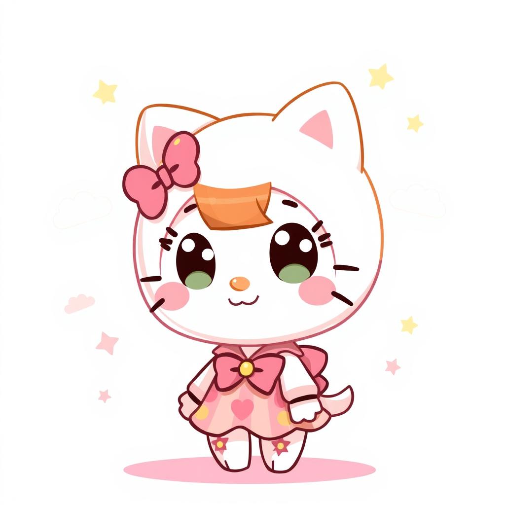 A cheerful 2D cartoon-style illustration featuring a cute character inspired by Hello Kitty and Badtz-Maru aesthetics