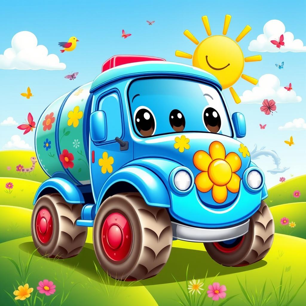 A colorful cartoon illustration of a cheerful water truck, featuring a bright blue body with large, friendly eyes on the windshield