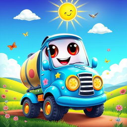 A colorful cartoon illustration of a cheerful water truck, featuring a bright blue body with large, friendly eyes on the windshield