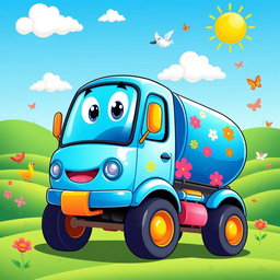 A colorful cartoon illustration of a cheerful water truck, featuring a bright blue body with large, friendly eyes on the windshield